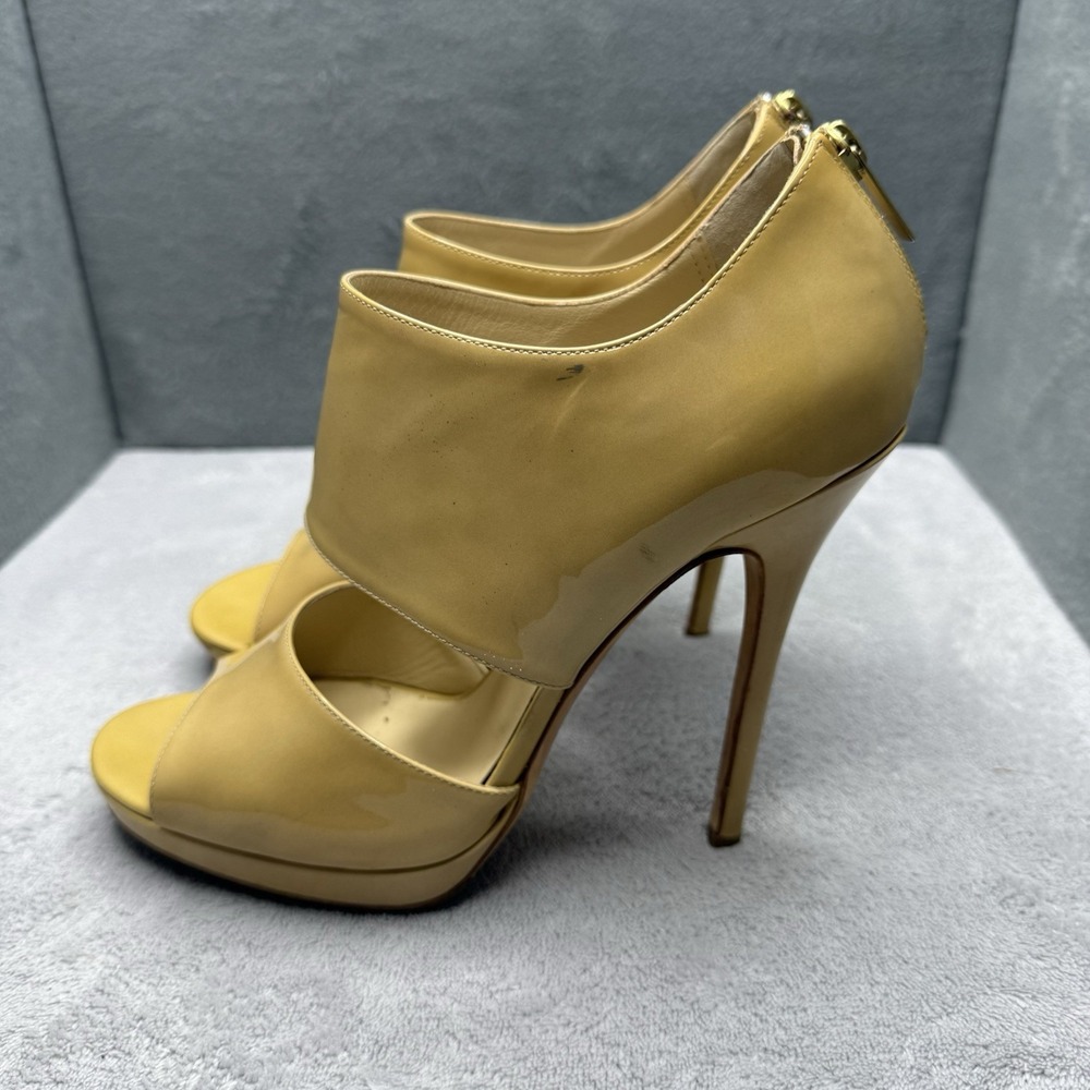 Jimmy Choo Patent Leather Peep Toe Cutout Booties Gold Mustard EU 39 Italy